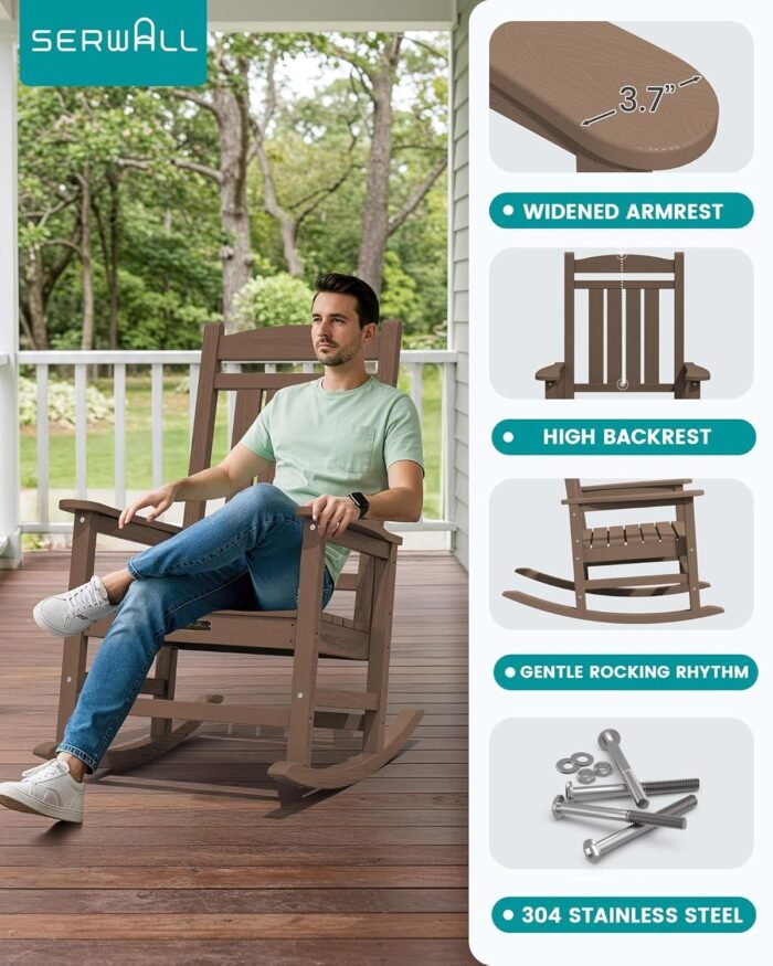 SERWALL Outdoor Rocking Chair Set of 2, HDPE Patio Rocking Chair All-Weather Porch Rocker for Balcony, Yard, Brown - Image 5