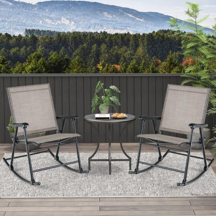 Tangkula Folding Rocking Chairs Set of 2, Patio Rockers with Breathable Seat Fabric & Sturdy Metal Frame, Smooth Rocking Motion, Heavy-Duty Outdoor Rocker for Backyard, Front Porch - Image 2