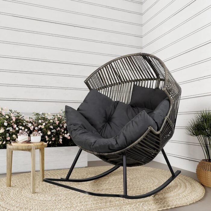 Shintenchi Wicker Egg Chair,Oversized Outdoor Indoor Rocking Chair,Large PE Rattan Rocking Chair with Cushion for Patio, Balcony, Backyard, Garden,Deep Grey