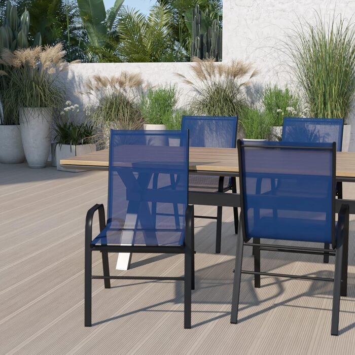 Flash Furniture Brazos Series Outdoor Stackable Patio Chairs with Flex Comfort Material, Stacking Outdoor Modern Sling Patio Chairs, Set of 4, Navy - Image 2