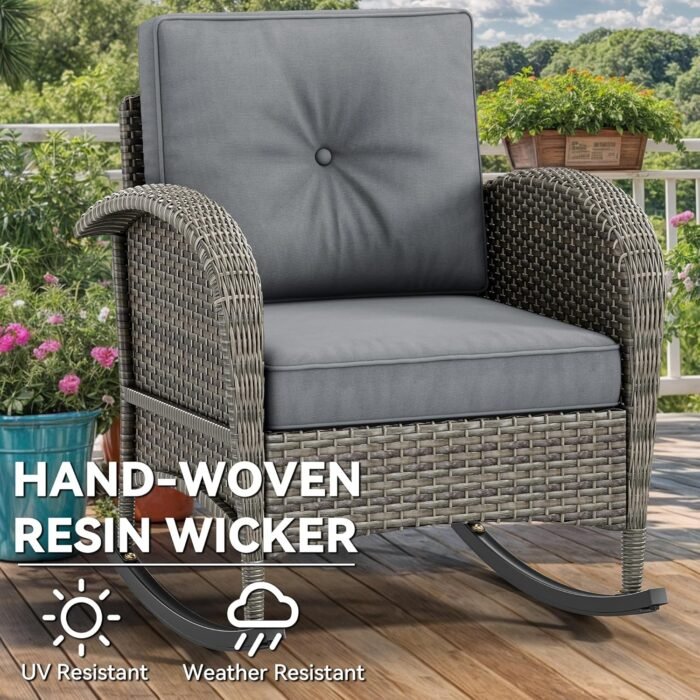 YITAHOME 3-Piece Wicker Rocking Chair Set, Outdoor Patio Furniture Set with Plush Cushions, PE Rattan Bistro Set Including Side Table for Garden, Backyard, Porch, and Patio Use, Grey - Image 5