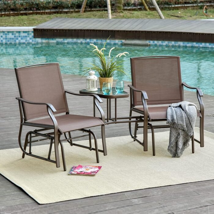 Outsunny Outdoor Glider Chairs with Coffee Table, Patio 2-Seat Rocking Chair Swing Loveseat with Breathable Sling for Backyard, Garden, and Porch, Coffee Brown - Image 7