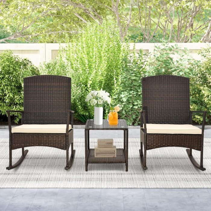 Tangkula 3 Pieces Rocking Wicker Bistro Set, Outdoor Front Porch Rocker Chairs Conversation Set with 2-Tier Tempered Glass Coffee Table and Thick Cushions for Garden, Balcony, Poolside (Off White) - Image 4