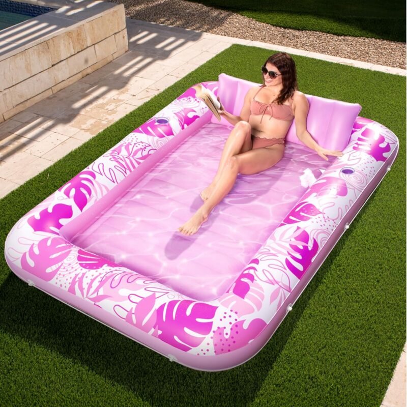 SLOOSH Inflatable Tanning Pool Lounger Float, 85" x 57" Extra Large Pool Floats Adult with Pillow, 4 in 1 Suntan Tub Raft Floatie,Sunbathing Bed Lounge Blow Up Ball Pit Party Gifts, XL-Hot Pink