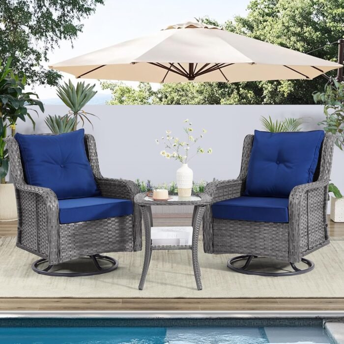 Patio Furniture Sets, 3 Pieces Wicker Outdoor Furniture - 360 Degree Swivel Rocking Chairs and Rattan Side Table for Garden,Porch,Backyard (Grey Wicker/Blue Cushion, 3PCS - Swivel Chairs) - Image 2