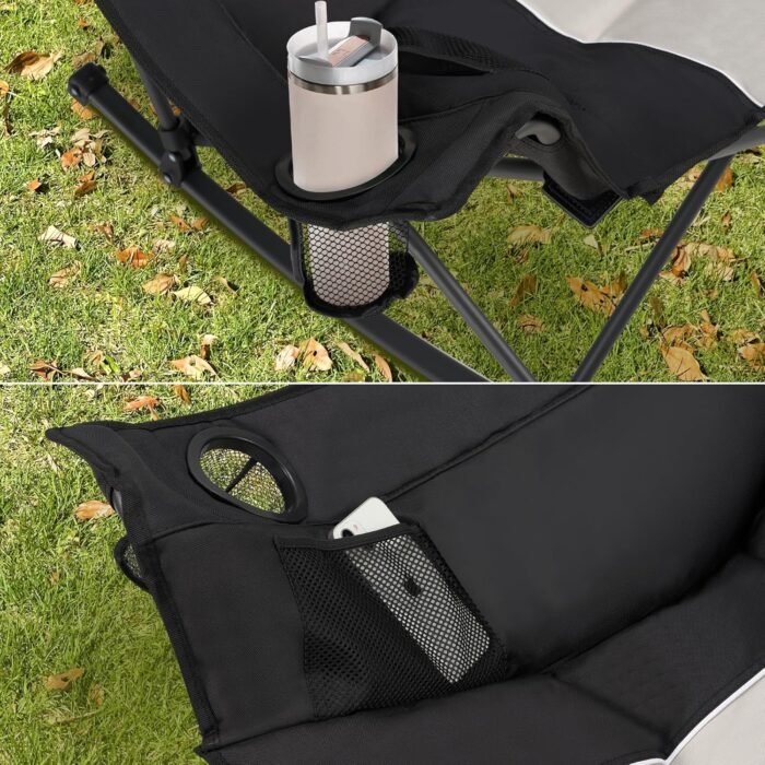 Oversized Rocking Camping Chair with Headrest & Cup Holder - 400lbs Capacity, 600D Oxford Fabric, Easy Fold Portable Outdoor Rocker Chair for Camping, Backyard, Beach, Light Gray - Image 8