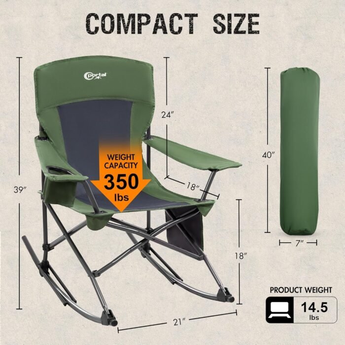 PORTAL Folding Camping Rocking Chair Portable Outdoor Rocker High Back Cup Holder Side Pocket Carry Bag Included, Support 300 lbs - Image 2