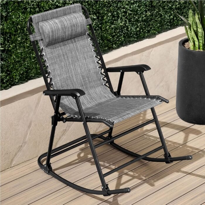 Best Choice Products Outdoor Folding Rocking Chair, Zero Gravity Lounge Chair, Patio Rocker w/Headrest Pillow - Gray - Image 2