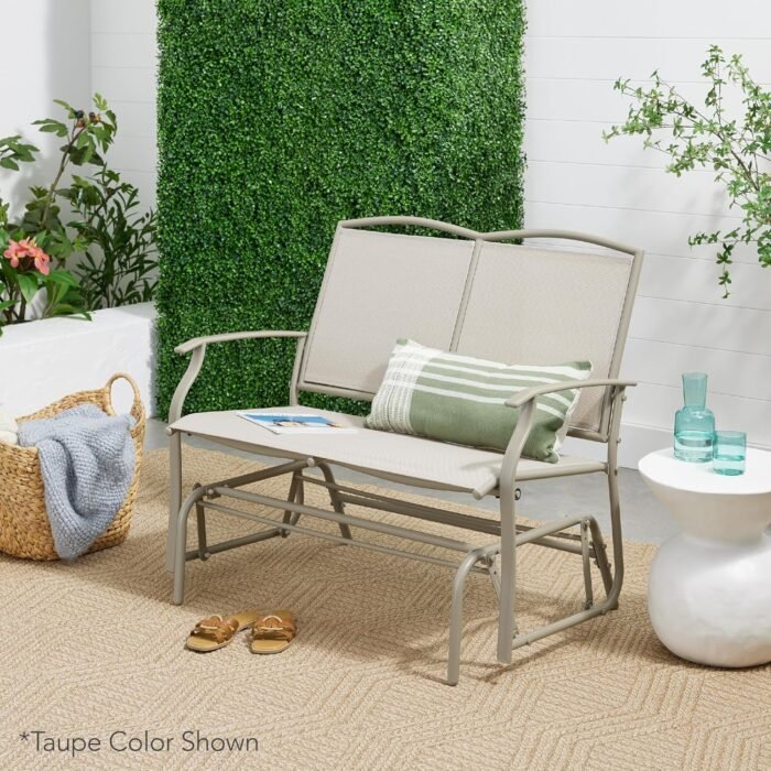 Best Choice Products 2-Person Outdoor Patio Swing Glider Steel Bench Loveseat Rocker for Deck, Porch w/Textilene Fabric, Steel Frame - Sage Green/Brown - Image 2