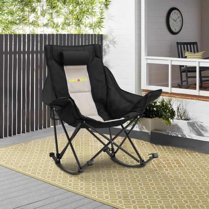 Oversized Rocking Camping Chair with Headrest & Cup Holder - 400lbs Capacity, 600D Oxford Fabric, Easy Fold Portable Outdoor Rocker Chair for Camping, Backyard, Beach, Light Gray - Image 9