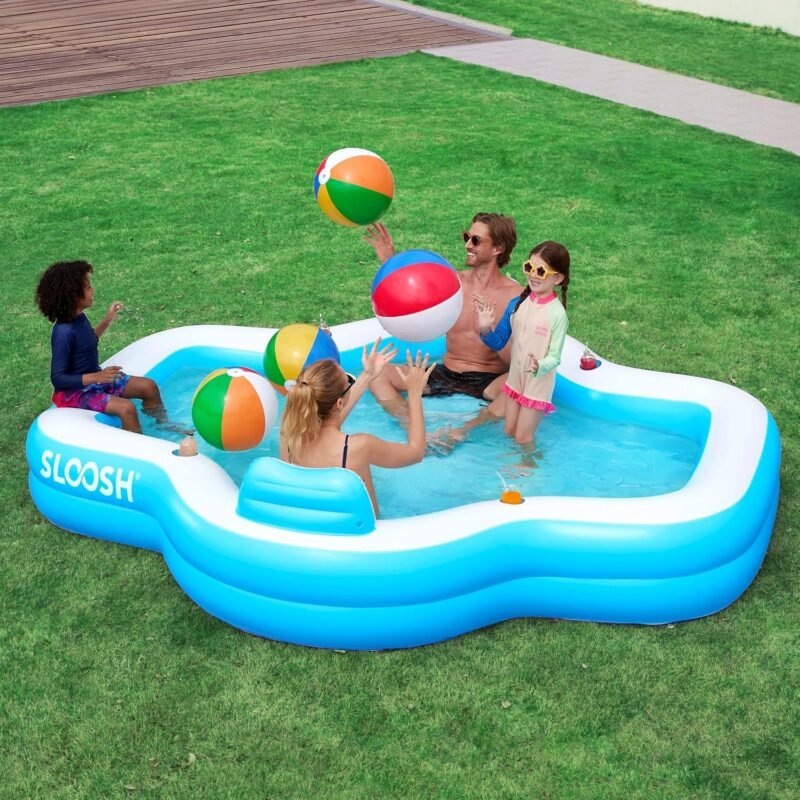 SLOOSH Inflatable Swimming Pool with Seats, 120" x 101" x 26" Full-Sized Blow Up Durable Thickened Above Ground Family Pool with Backrest Cup Holders for Summer Water Party Backyard Garden Lawn, Blue