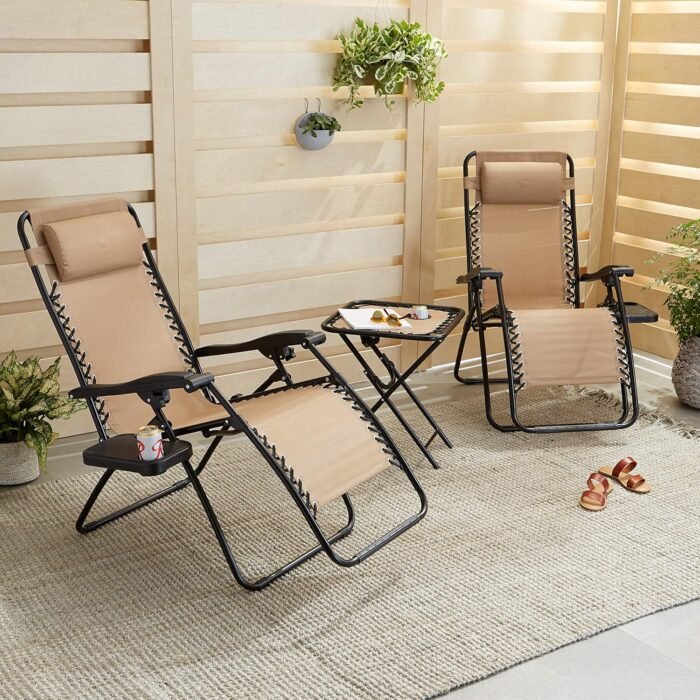 Amazon Basics Outdoor Patio Mesh Adjustable Zero Gravity Lounge Chair Recliners set of 2 with Side Table, 35 x 26 x 43 inches, Beige - Image 2