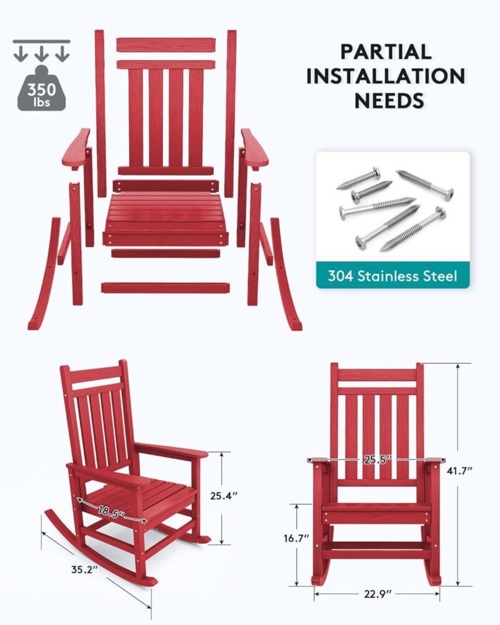 SERWALL Oversized Rocking Chair, Outdoor Rocking Chair Set for Adults, All Weather Resistant Porch Rocker for Lawn Garden, Red - Image 2