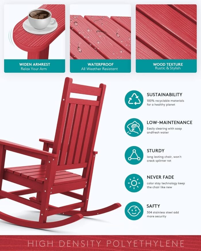SERWALL Oversized Rocking Chair, Outdoor Rocking Chair Set for Adults, All Weather Resistant Porch Rocker for Lawn Garden, Red - Image 3
