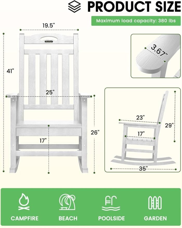 Oversized Outdoor Rocking Chair, High Back Porch Rocker Chair, HDPE All Weather Resistant Rocking Chairs for Patio,380lbs Weight Capacity, White - Image 3