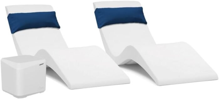 Aqua Outdoors in-Pool Chaise Set - Two Chaises - Two Headrest Pillows and One in Pool Side Table - for ledges up to 9" inches (Classic White-Navy)