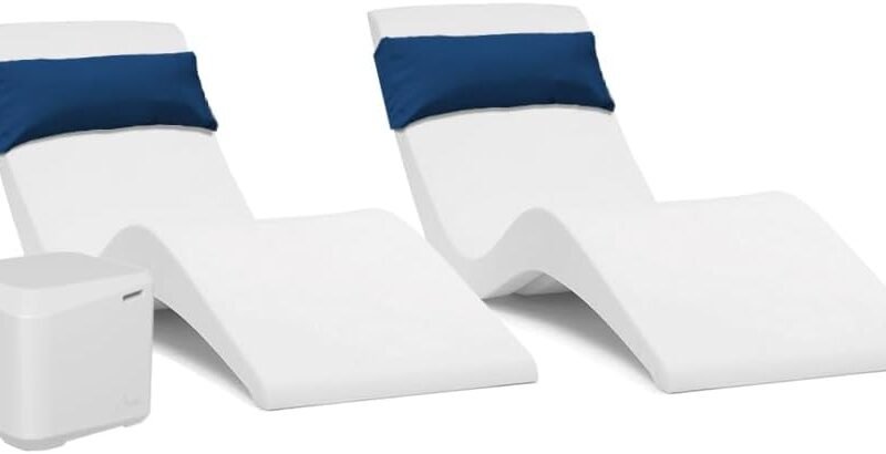Aqua Outdoors in-Pool Chaise Set - Two Chaises - Two Headrest Pillows and One in Pool Side Table - for ledges up to 9" inches (Classic White-Navy)