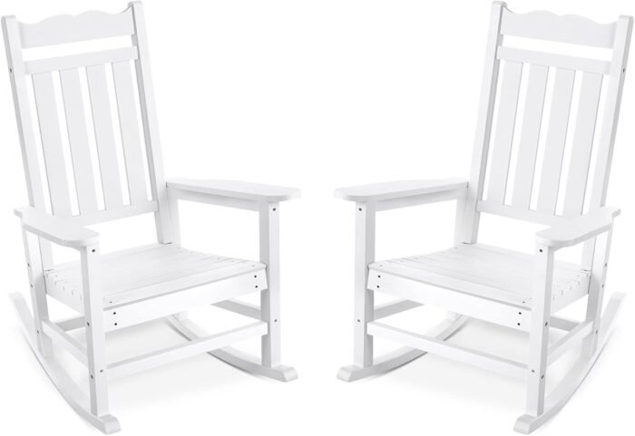 Stoog Set of 2 Outdoor Rocking Chairs, HIPS Plastic Porch Rocker with 400 lbs Weight Capacity, for Backyard, Fire Pit, Lawn, Garden and Indoor (White)