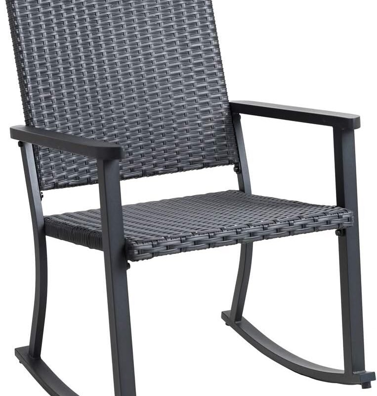 C-Hopetree Outdoor Rocking Chair, Outside Patio Porch Rocker, Metal Frame, Black All Weather Wicker
