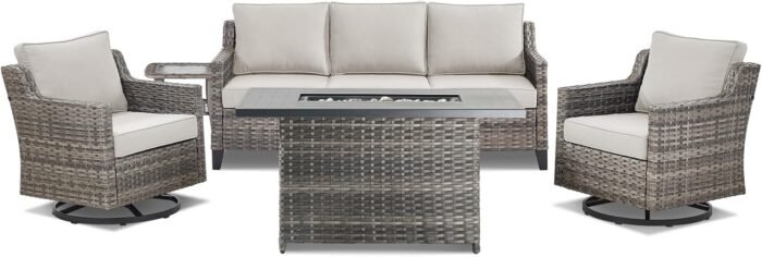 Patio Furniture Set with 42.5" Fire Pit Table-5 Pieces All Weather Wicker Outdoor Furniture with High Back Swivel Patio Chairs Set of 2 Outdoor Couch for Deck Balcony Backyard Beige/Gray - Image 9