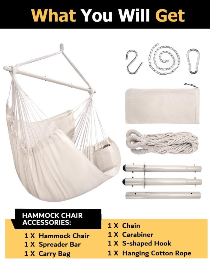 ADVOKAIR Hammock Chair Hanging Chair Rope Swing XXL - Max 500lbs, 70in Large Hammock Swing Chair -Portable Steel Spreader Bar with Anti-Slip Rings-Roomy & Strong - Image 6