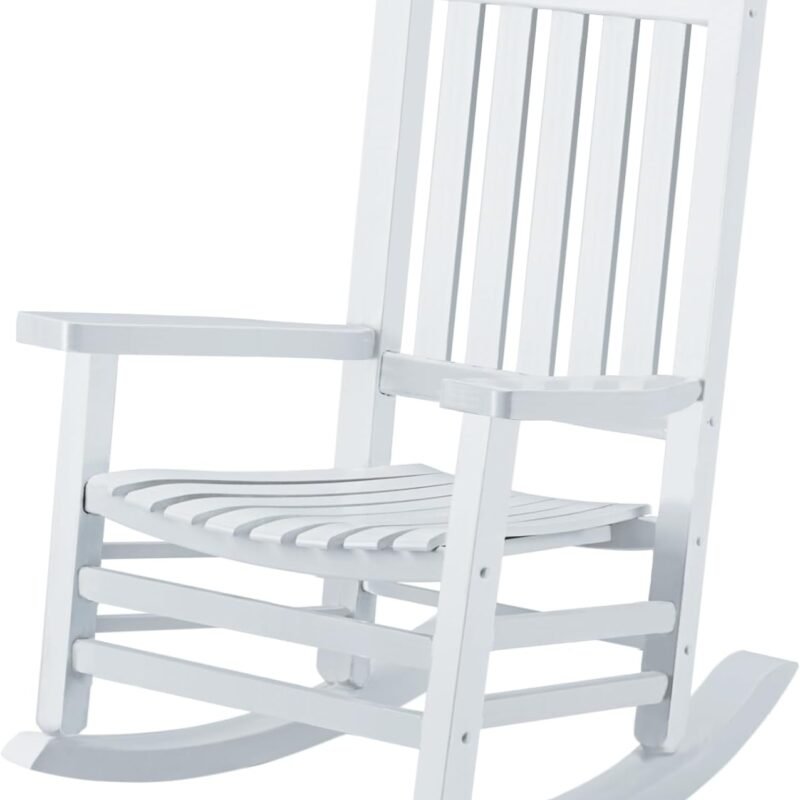 Wooden Rocking Chair - Outdoor Oversized Porch Rocker with High Back and Armrest - All Weather Slatted for Backyard, Garden - 400 lbs Support - White