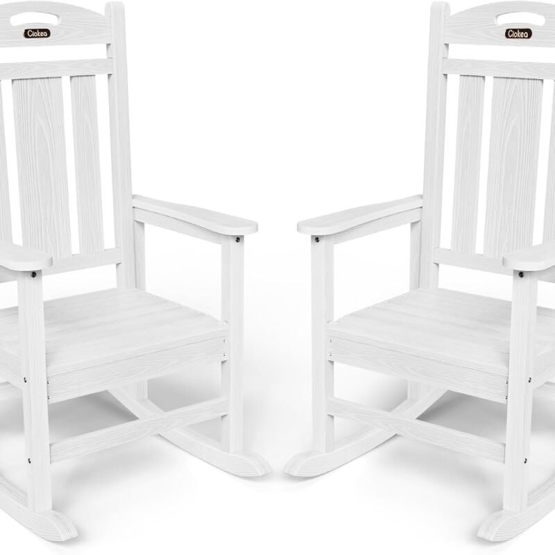 White Outdoor Rocking Chairs Set of 2, HDPE Poly Rocking Chair for Adults, Patio Rocking Chairs for Porch
