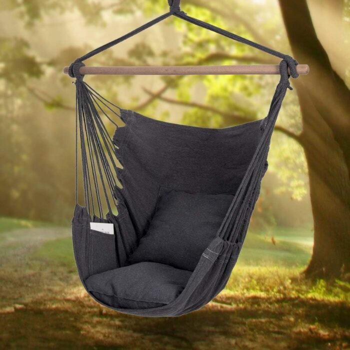 Y- Stop Hammock Chair Hanging Rope Swing Chair, Max 500 Lbs, 2 Seat Cushions Included, Removable Steel Spreader Bar with Anti-Slip Rings, Hardware kit-for Indoor or Outdoor(Dark Grey) - Image 2
