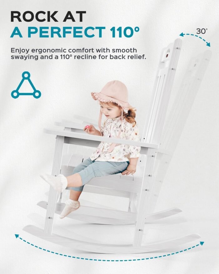 Oversized Rocking Chair Outdoor, HDPE Poly Rocking Chair, All Weather Porch Rocker for Deck Patio Balcony, 380lbs, White - Image 6