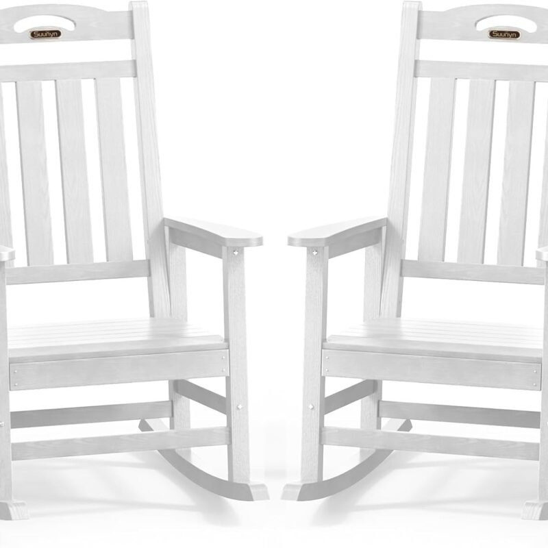 Oversized Outdoor Rocking Chair Set of 2, HighBack Porch Rocker Chair, HDPE All Weather Resistant Rocking Chairs for Patio,380lbs Weight Capacity, White