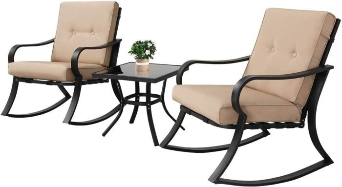 Oakmont Outdoor Furniture 3 Piece Conversation Bistro Set Rocking Chairs and Glass Top Table, Thick Cushions, Black Steel (Brown)
