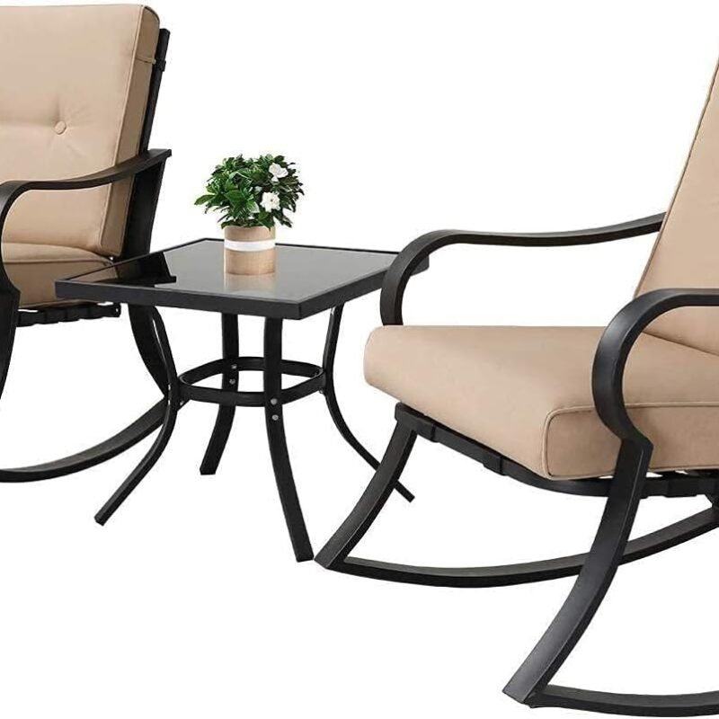 Oakmont Outdoor Furniture 3 Piece Conversation Bistro Set Rocking Chairs and Glass Top Table, Thick Cushions, Black Steel (Brown)