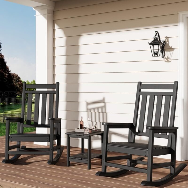 Poly Lumber Rocking Chair Outdoor Set of 2 with Side Table - HDPE High Back Porch Rocker Chairs for Adults - All Weather Resistant Furniture for Patio - Black