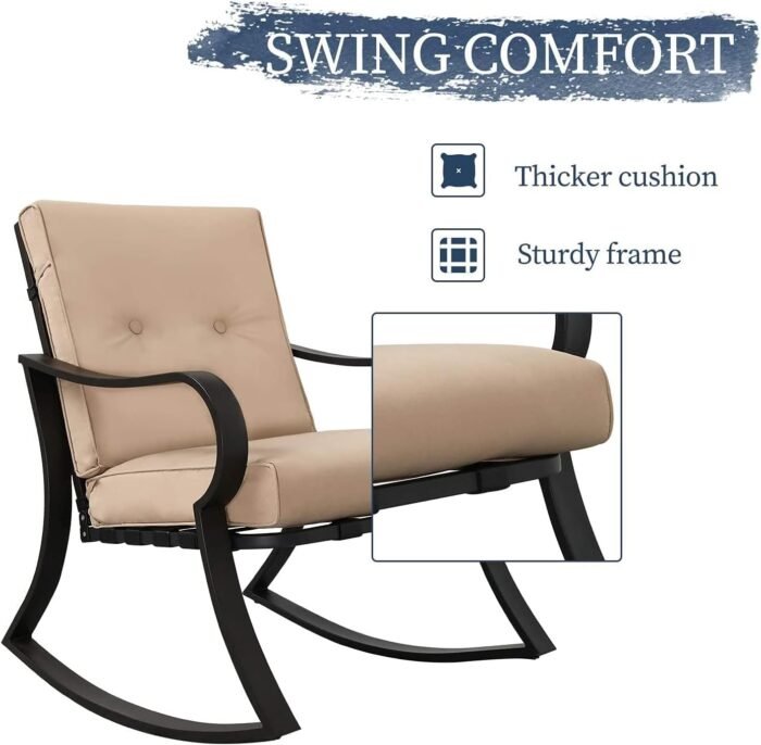 Oakmont Outdoor Furniture 3 Piece Conversation Bistro Set Rocking Chairs and Glass Top Table, Thick Cushions, Black Steel (Brown) - Image 4