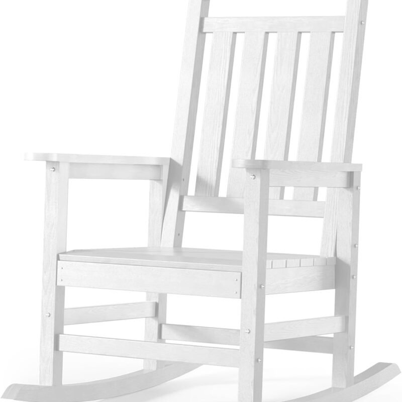 Oversized Outdoor Rocking Chair, High Back Porch Rocker Chair, HDPE All Weather Resistant Rocking Chairs for Patio,380lbs Weight Capacity, White