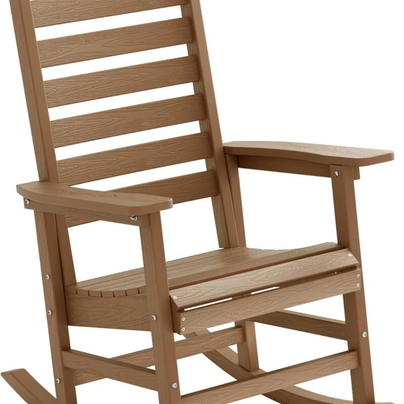 YEFU Outdoor Rocking Chair,Poly Porch Rocker with Curved Backrest,All Weather Patio Rocking Chair,Like Real Wood,for Indoor,Lawn, Backyard,Garden,Heavy Duty,Weight Capacity 380lbs(Teak)