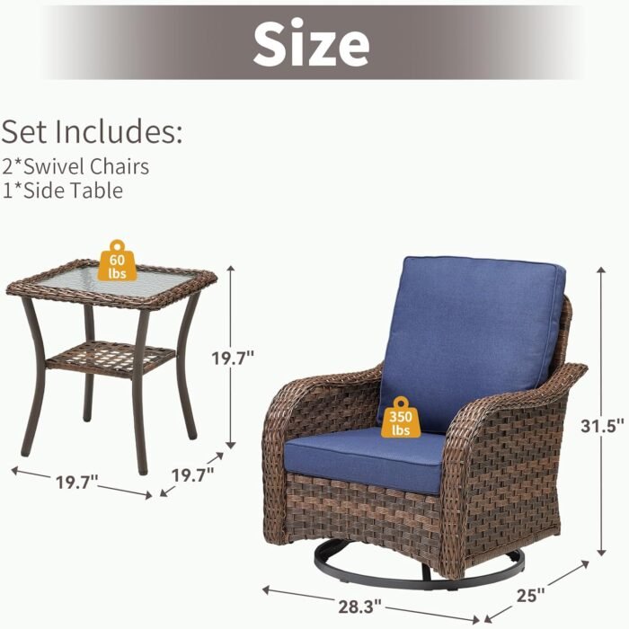 Patio Wicker Chairs Swivel Rocker Outdoor Rocking Chairs Set of 3 Rattan Furniture Set with Thick Cushion, Side Tables for Balcony Deck Backyard, Blue - Image 8