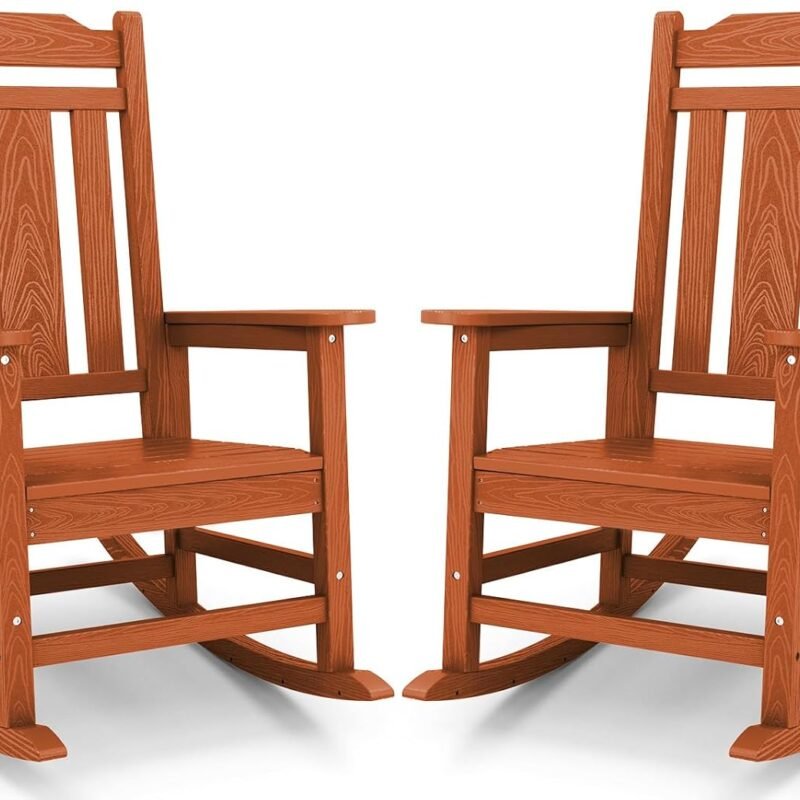 SERWALL HDPE Rocking Chair Set of 2, All Weather Patio Rocking Chair, HDPE Poly Rocking Chair for Adults, Heavy Duty Front Porch Rocker, Orange