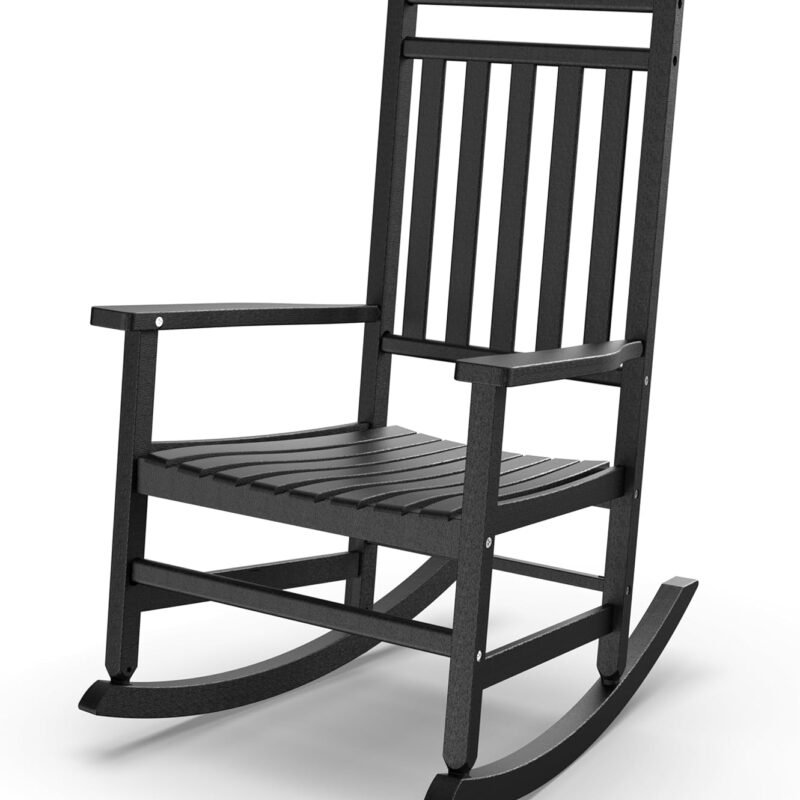 Patio Rocking Chair Outdoor,Set of 1,Weather Resistant Poly Resin Oversized Porch Rocker,High Back Smooth Design,350lb Weight Capacity,Indoor Outdoor Use(1,Black)