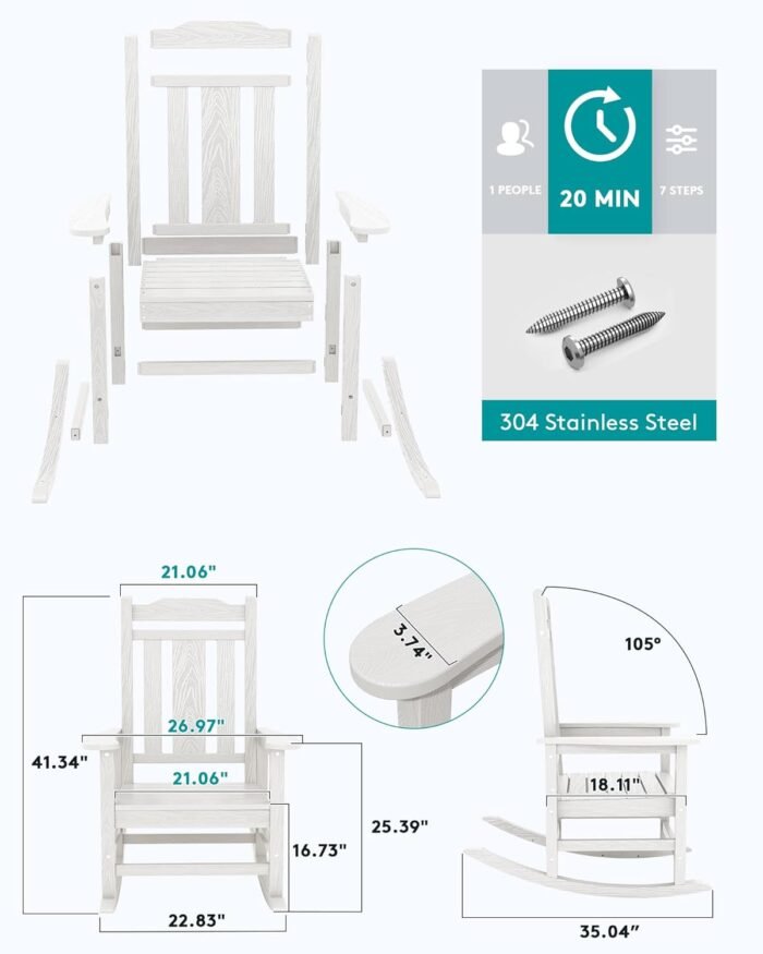 SERWALL Oversized Rocking Chair Set of 2 Outdoor, HDPE Outdoor Rocking Chair Set of 2, White - Image 6