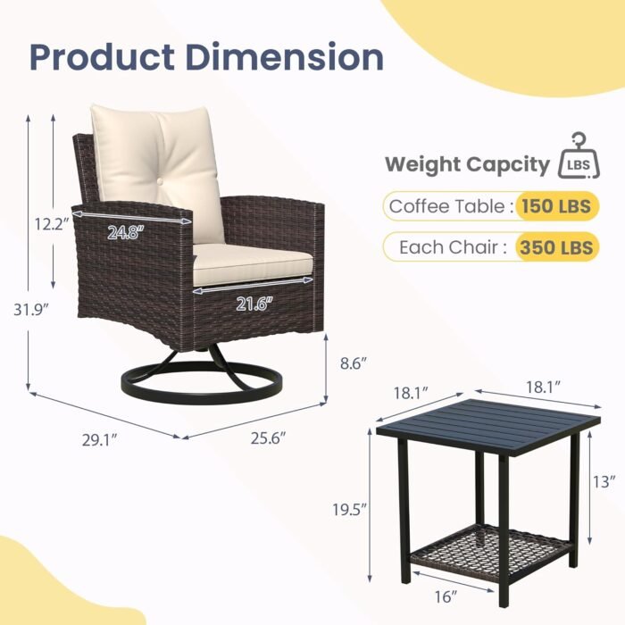 3-Piece Patio Furniture Set, Outdoor Swivel Rocker Patio Chairs Furniture Set of 2 with Matching Side Table & Washable Cushions for Porch, Balcony, Deck, Garden, Backyard - Beige - Image 2