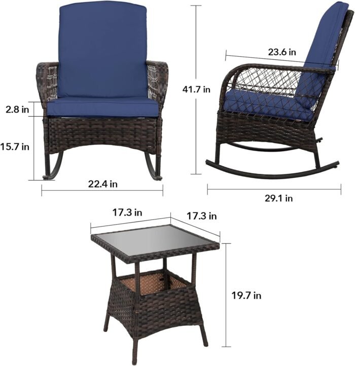 LEVELEVE 3 pcs Rocking Bistro Set Conversation Chairs with Arm Rest, Cushion Availability PE Wicker Outdoor Rocking Chairs for Relaxing(Dark Blue) - Image 3