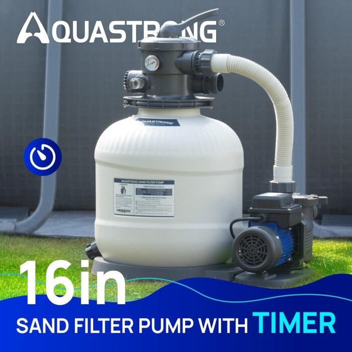 AQUASTRONG 16in Sand Filter Pump for Above Ground Pool with Timer, 3/4 HP Pool Pumps Above Ground 3800 GPH for Pools up to 16000 GAL, Pool Filter with 6-Way Valve, Improved Circulation and Filtration - Image 2