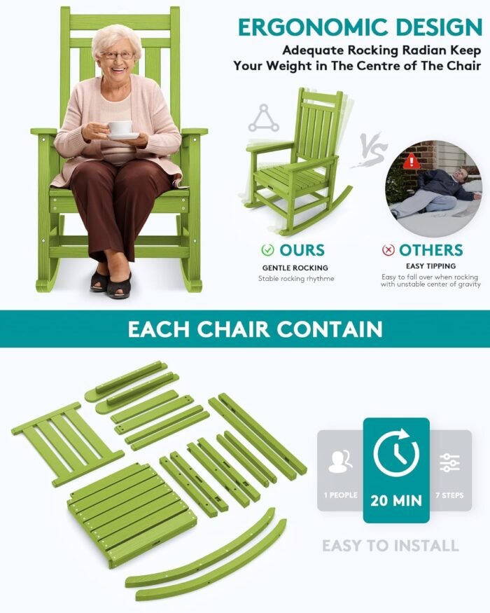 SERWALL HDPE Rocking Chair, Outdoor Rocking Chair for Adults, All Weather Porch Rocker for Lawn Garden, Lime - Image 5