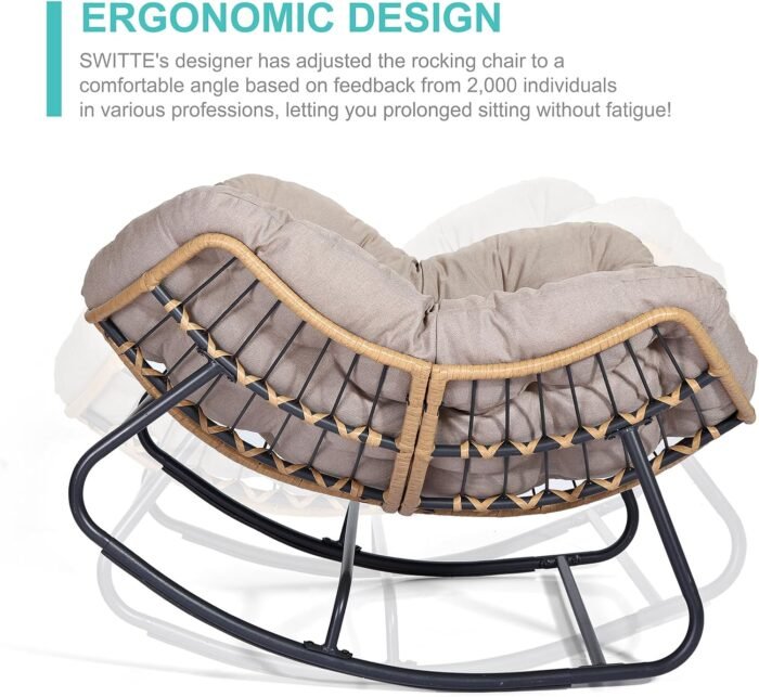SWITTE Outdoor Rocking Chair, Oversized Patio Papasan Rocker, Comfy Wicker Reading Lounge, Indoor Egg Chair for Bedroom, Living Room, Porch, Garden, Lawn- Beige - Image 6