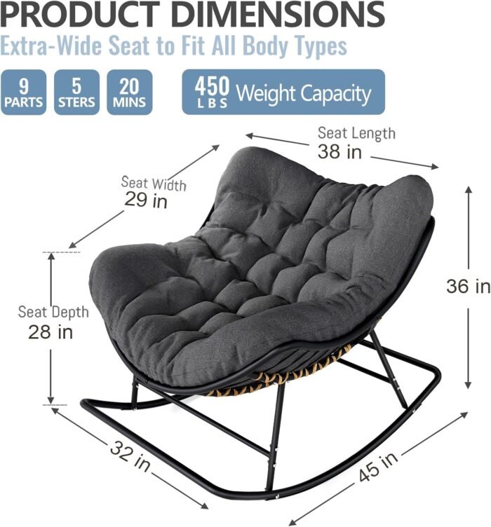 SWITTE Papasan Rocking Chair Outdoor Indoor, Oversized Egg Wicker Rocker with Cushion, Supports 450 lbs, Patio Chair for Balcony or Living Room - Gray - Image 2