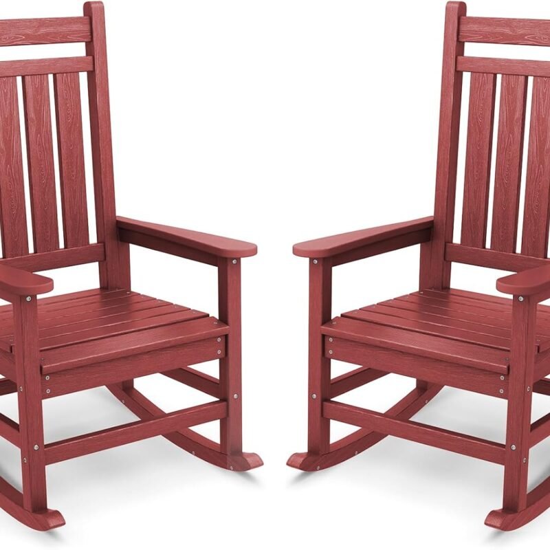 SERWALL Outdoor Rocking Chair Set of 2, HDPE Rocking Chairs for Adult, All Weather Porch Rockers for Lawn Garden, Crimson Red