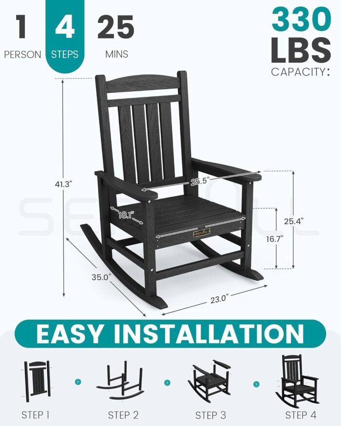 SERWALL Outdoor Rocking Chair Set of 2, HDPE Patio Rocking Chair All-Weather Porch Rocker for Balcony, Yard, Black - Image 3