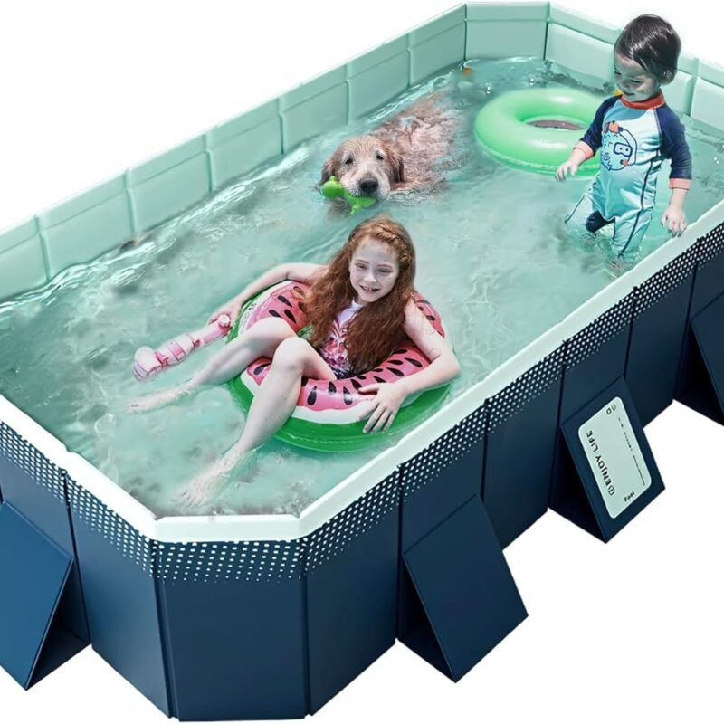 Foldable Non-Inflatable Kids' and Adults' Outdoor Swimming Pool - Hard Plastic Shell, Kid Pool for Backyard Dog Pools (113" x 66" x 20")