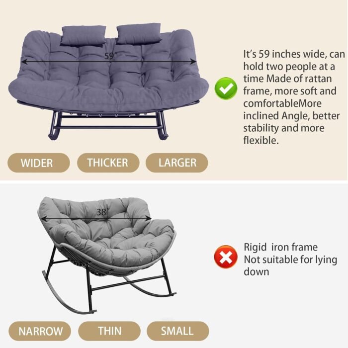 Oversized Outdoor Rocking Papasan Chair,Double Patio Rocking Chair for 2-Person,Loveseat Rocker with Thick Cushion&Rattan Frame,Large Lounge Chair for Outdoor Balcony Garden (Beige) - Image 7